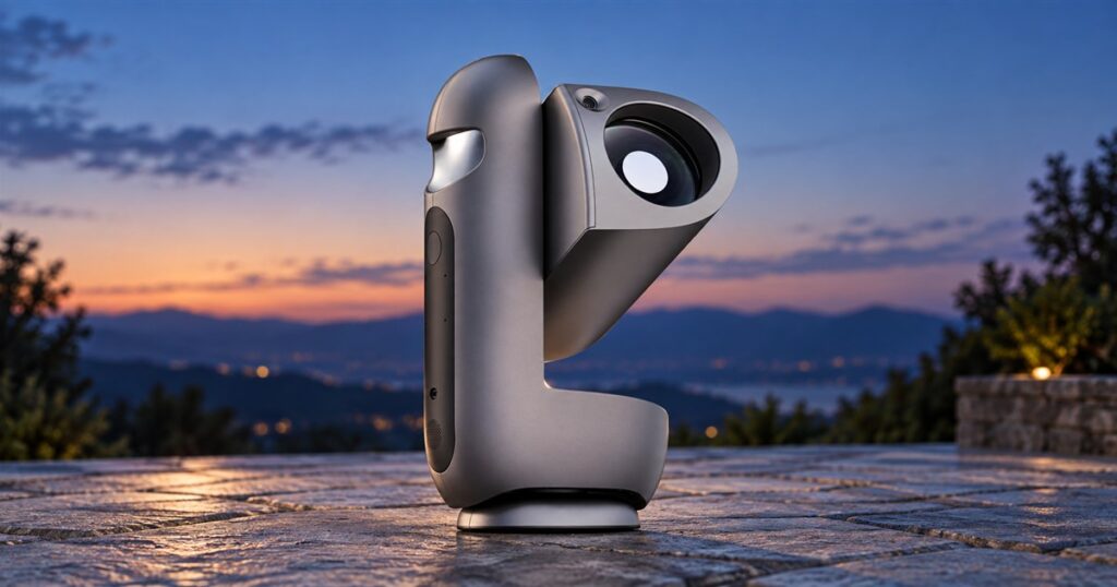 Draco dual-camera smart telescope on a patio at dusk