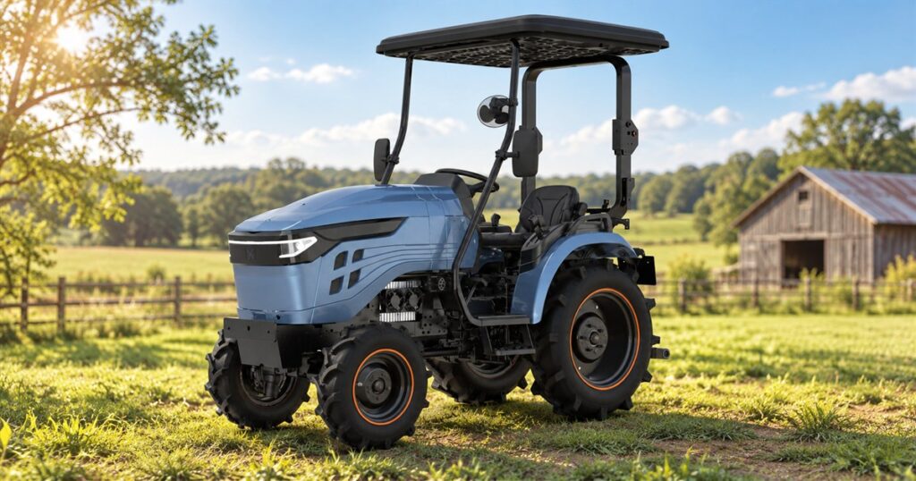Blue-gray compact electric tractor with a closed overhead canopy