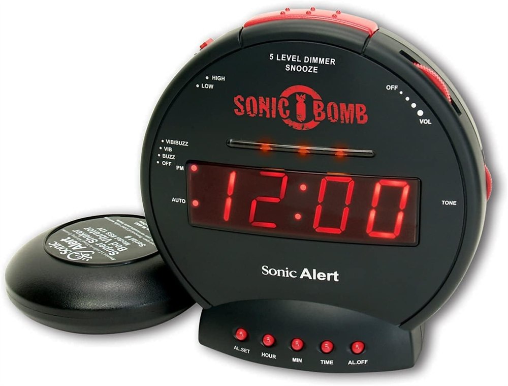 Sonic Bomb alarm clock front view with wired bed shaker puck