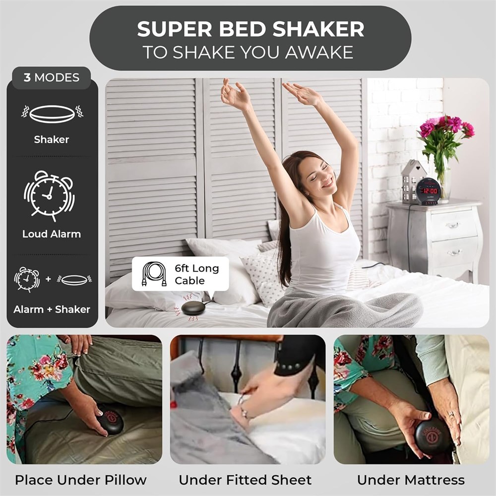 Sonic Bomb alarm clock product box showing extra loud alarm and bed shaker