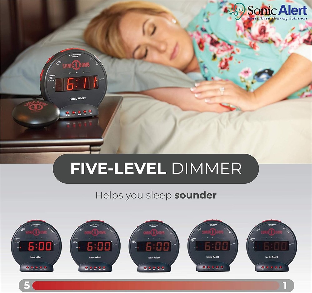 Sonic Bomb alarm clock with labeled controls and feature callouts