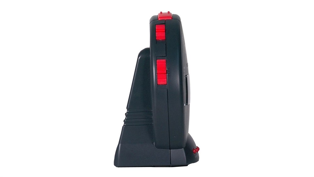Official side view of the Sonic Bomb alarm clock showing red side controls