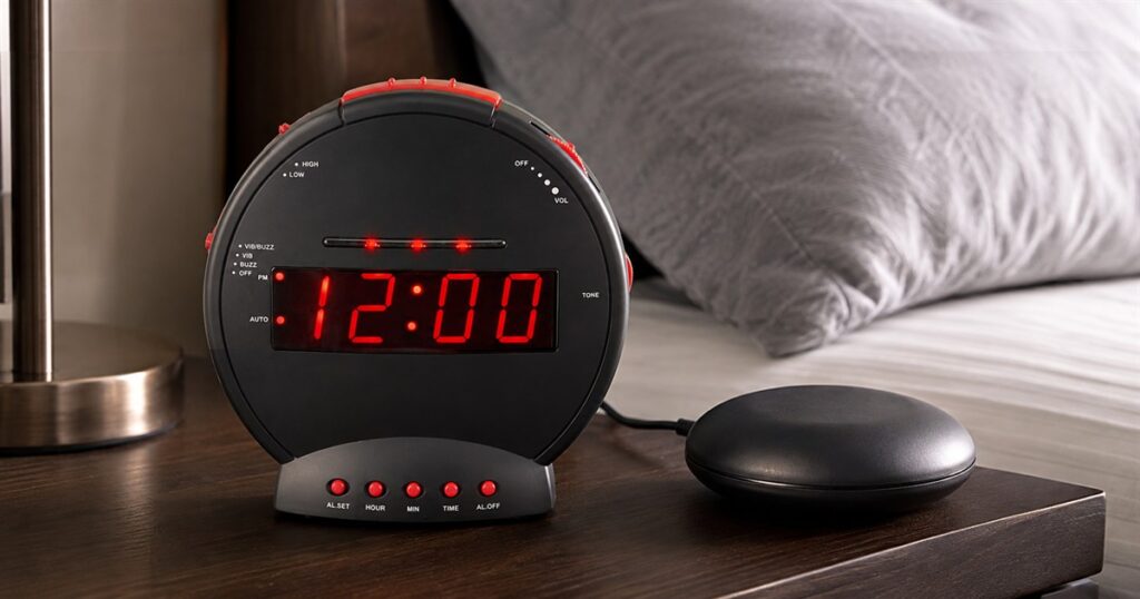 Sonic Bomb black alarm clock with red display and wired bed shaker on a nightstand