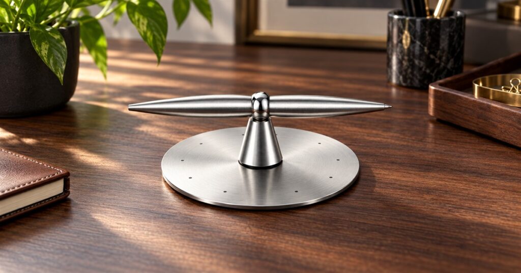 Silver spinning pen balanced on a magnetic stand and circular base