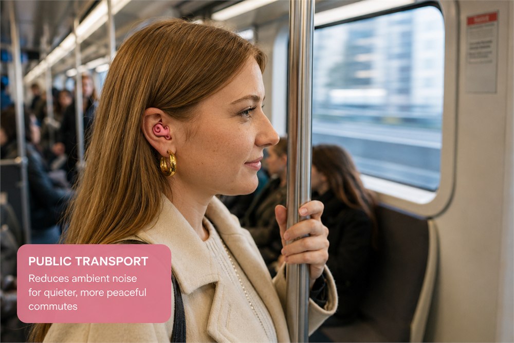 Pink Ears 360 Silence earplugs worn during a train journey
