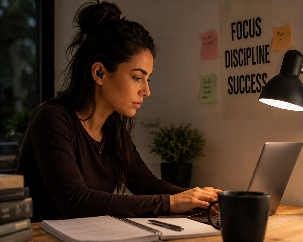 Woman wearing black spiral earplugs at her desk