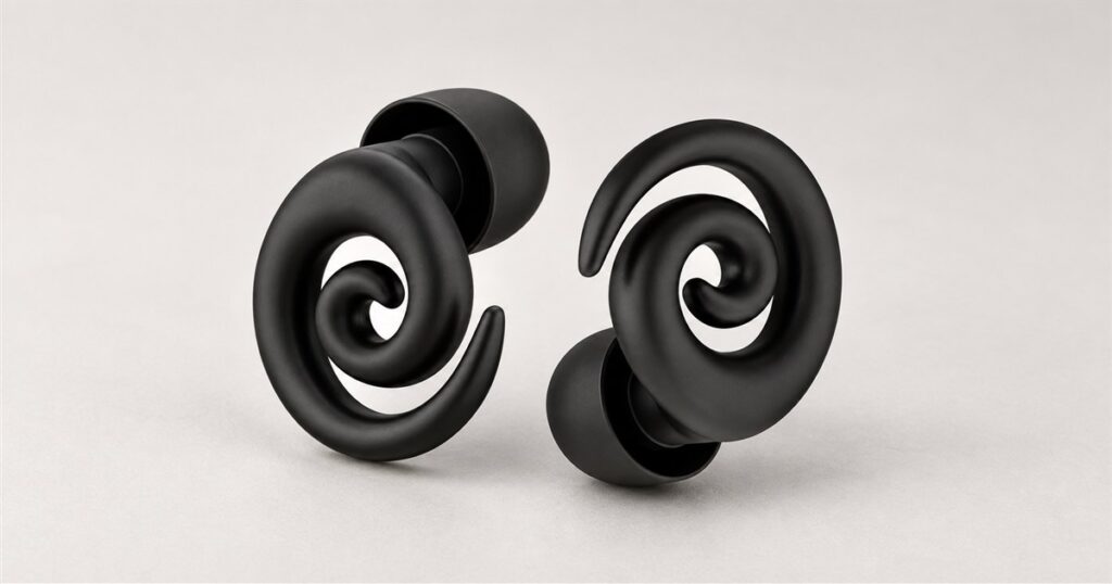 Black reusable spiral earplugs with soft silicone tips