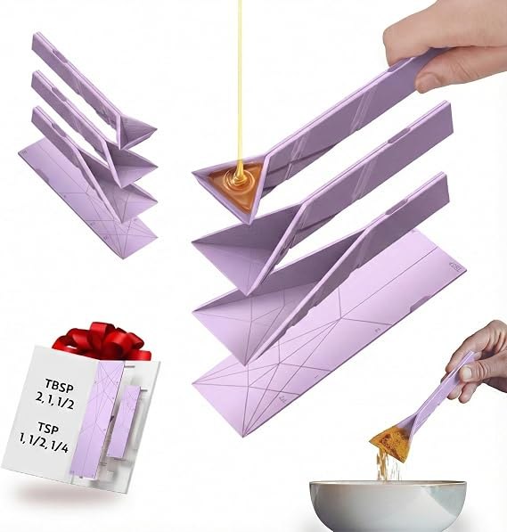 Purple POLYGONS measuring spoons shown flat and folded in the seller gallery