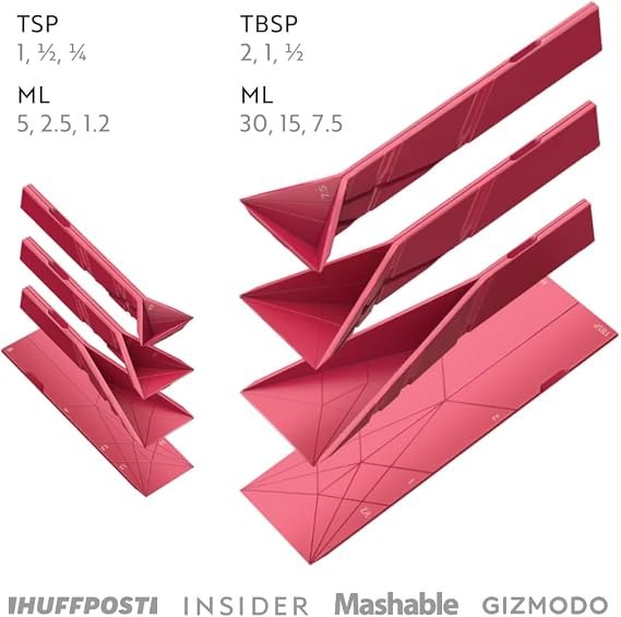 Seller diagram showing six measuring configurations of the red POLYGONS spoons