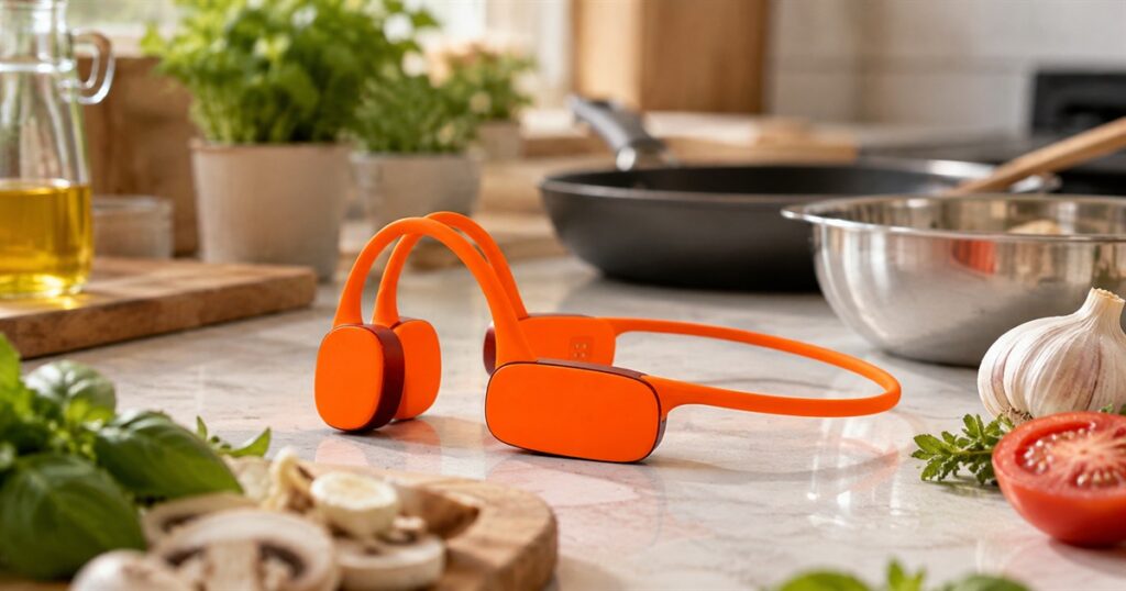 StudioChef KAI orange bone-conduction kitchen headset on a prep counter