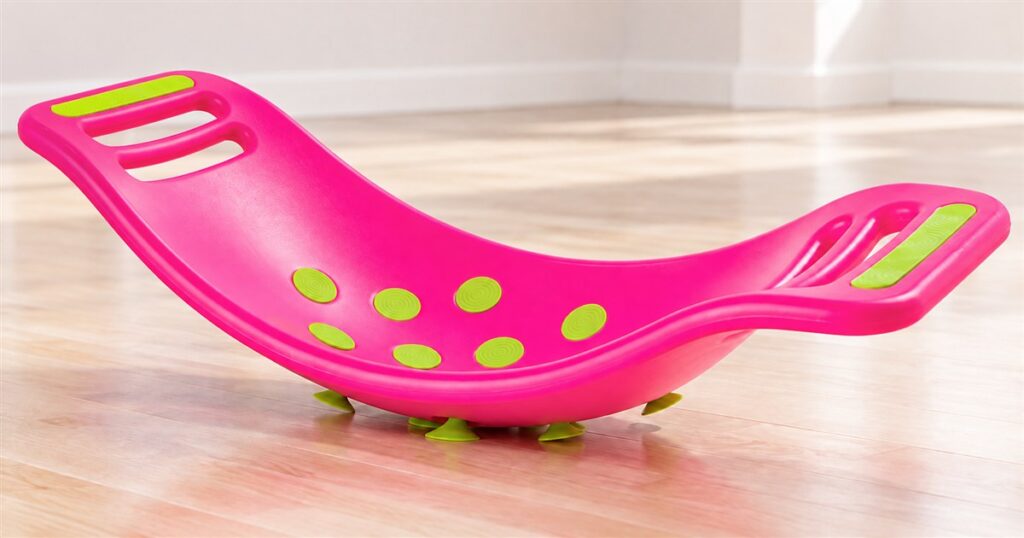 Pink suction cup balance board with lime green cups and two handles