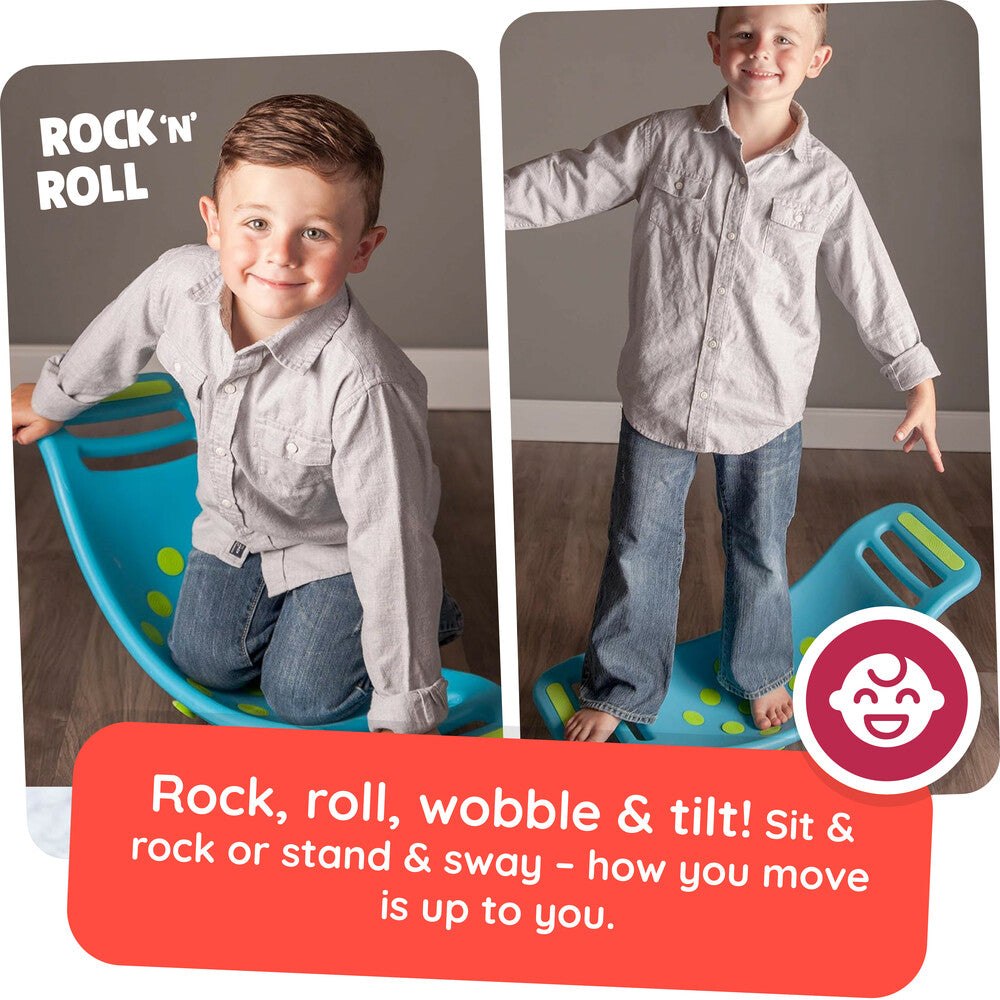 Fat Brain Toys photos showing seated and standing play on the blue board
