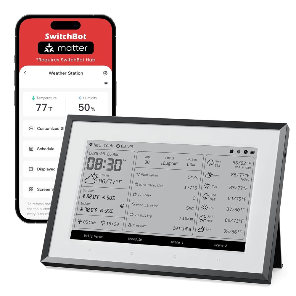 SwitchBot E-Ink Home Dashboard beside the SwitchBot app setup screen