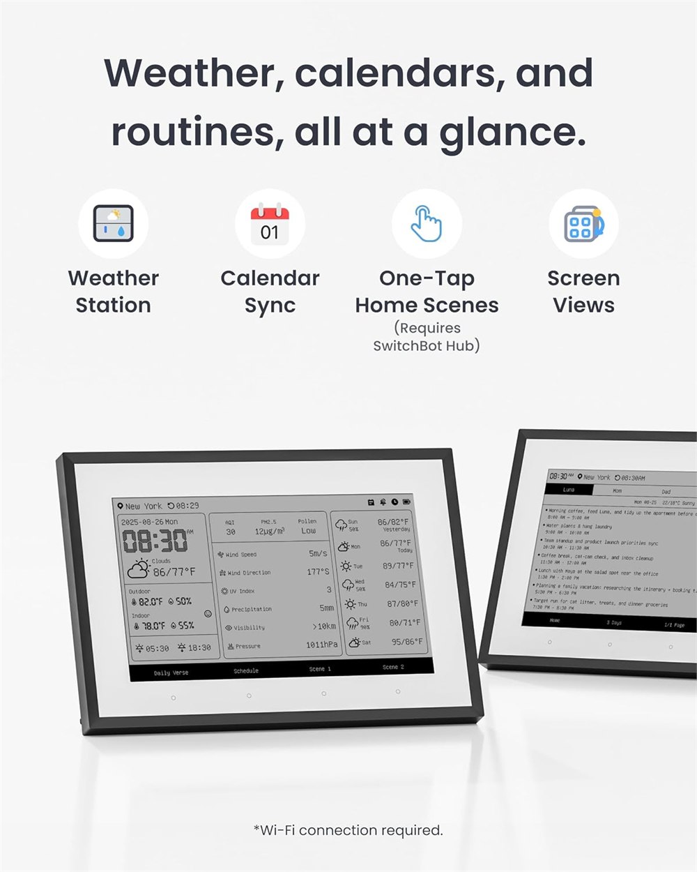 SwitchBot E-Ink Home Dashboard showing weather calendars and routines at a glance