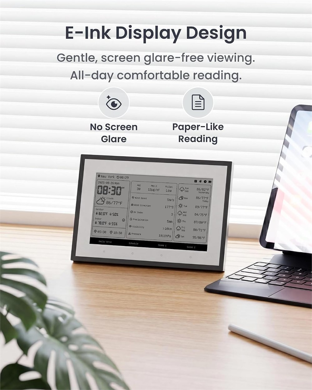 SwitchBot E-Ink Home Dashboard demonstrating its glare-free E-Ink display design