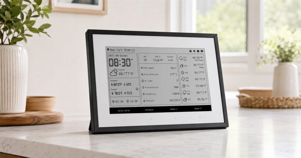 SwitchBot E-Ink Home Dashboard showing weather and calendar information on a kitchen counter