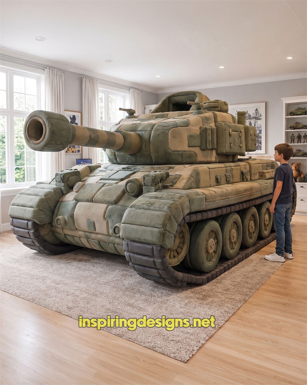 Olive foam tank bed concept illustrated in a bedroom