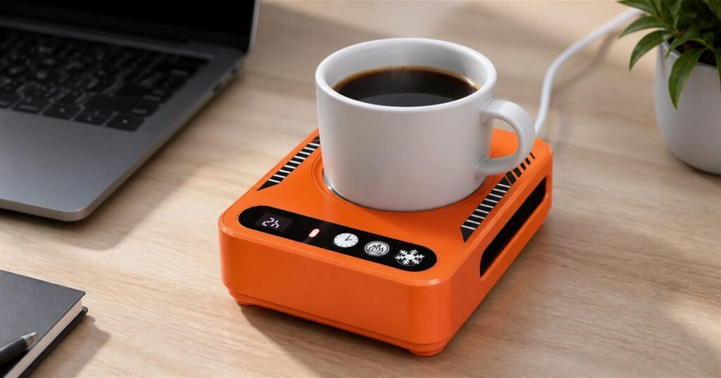 THERMA smart heating and cooling coaster with a mug on a desk