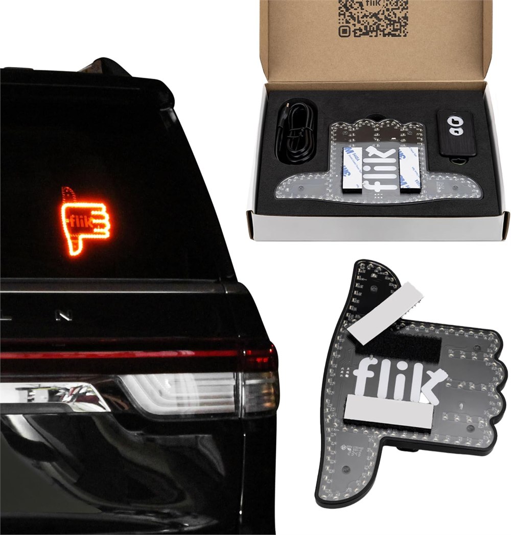 FLIK Peacemaker thumbs-up and thumbs-down light with packaging and rear-window example