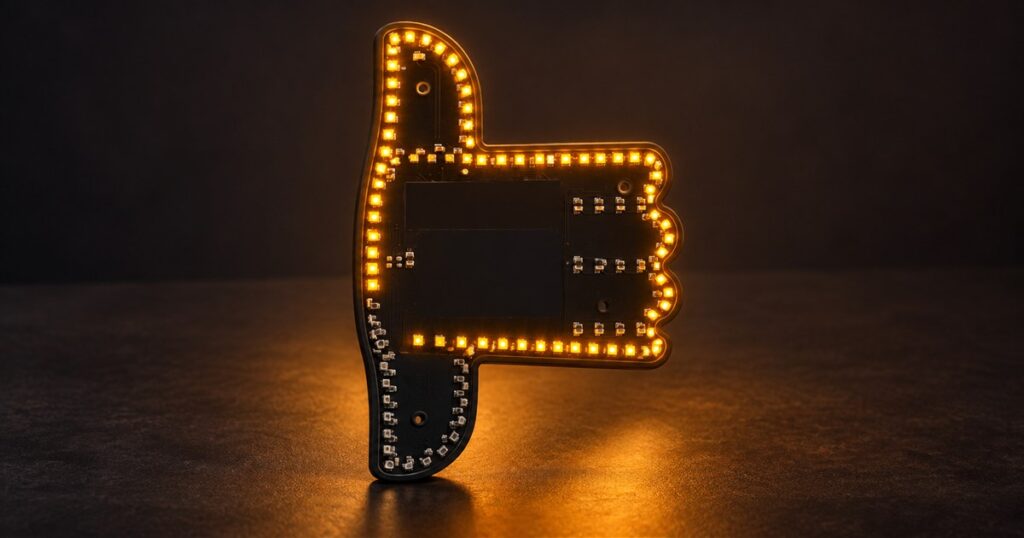 Black dual-thumb car window light displaying an amber LED thumbs-up