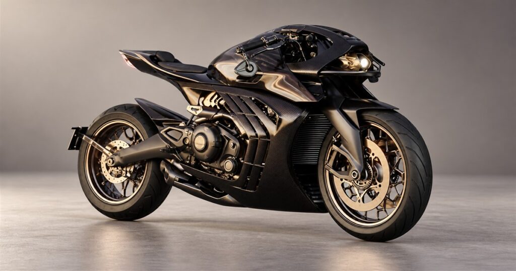 Titanium-frame roadster motorcycle in a studio