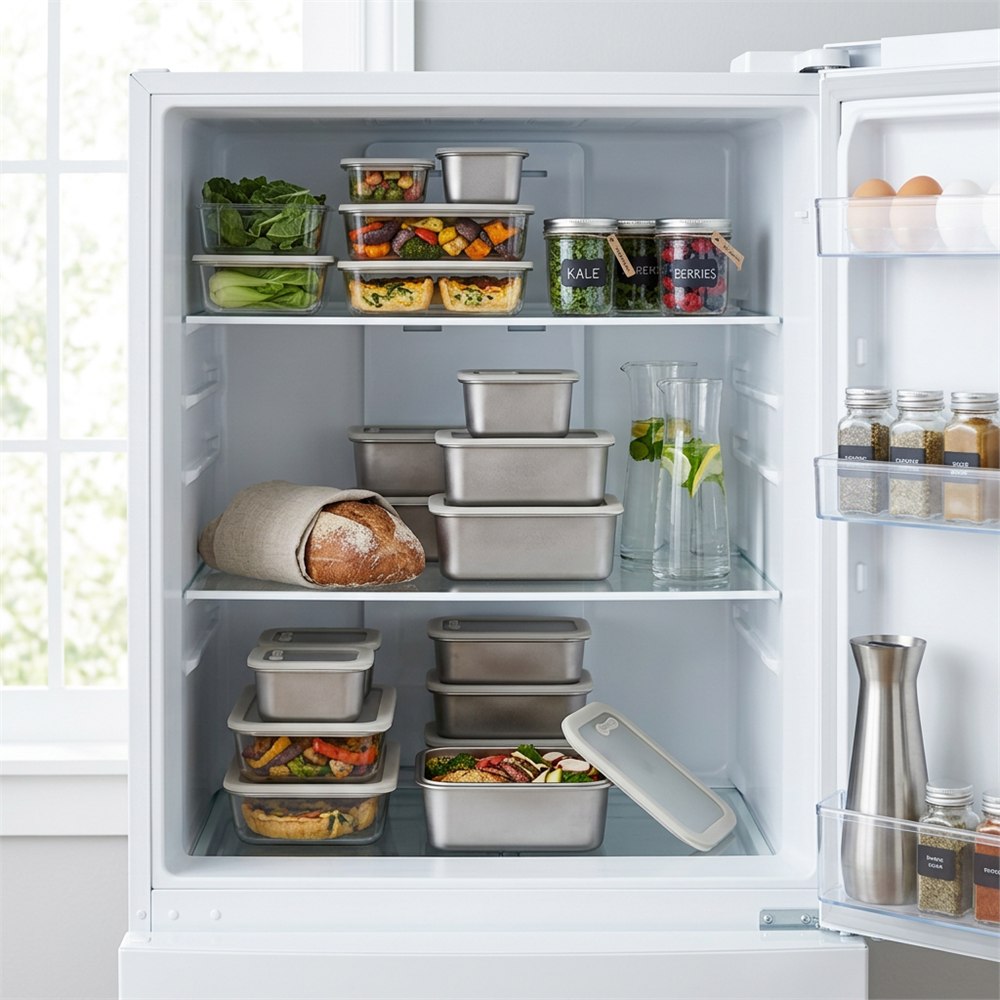 Official OSIMT illustration of food containers arranged in a refrigerator