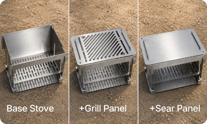 Base stove, slotted grill panel and solid searing panel configurations