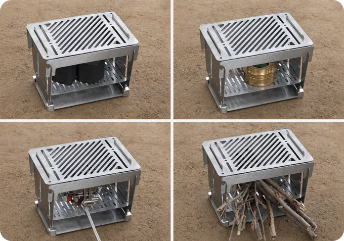 FlameMage stove shown with different compatible fuel arrangements