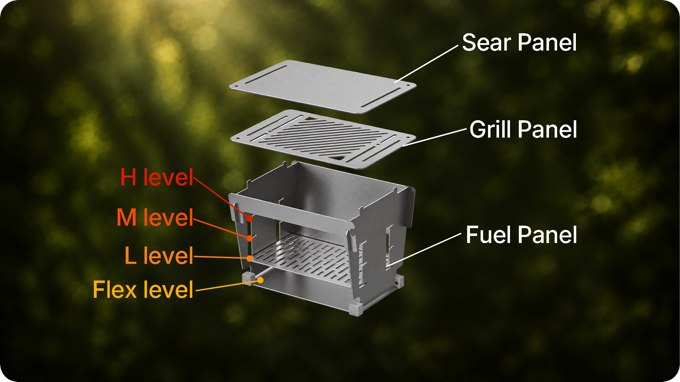 Four fuel positions and removable cooking panels of the FlameMage stove