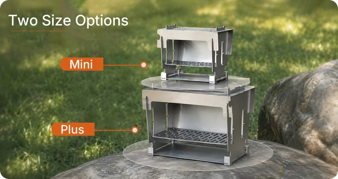 Mini and Plus titanium camping stoves showing their relative sizes