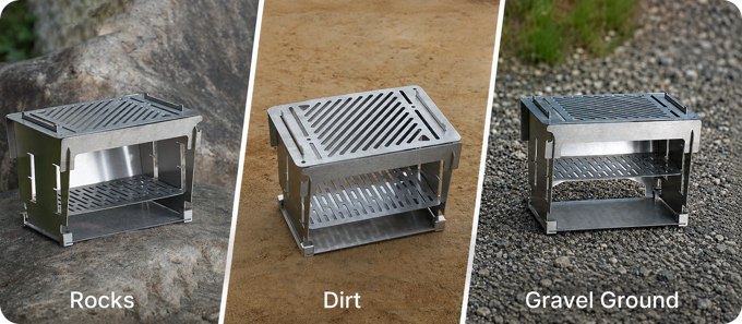 Titanium stove shown on rocks, dirt and gravel surfaces