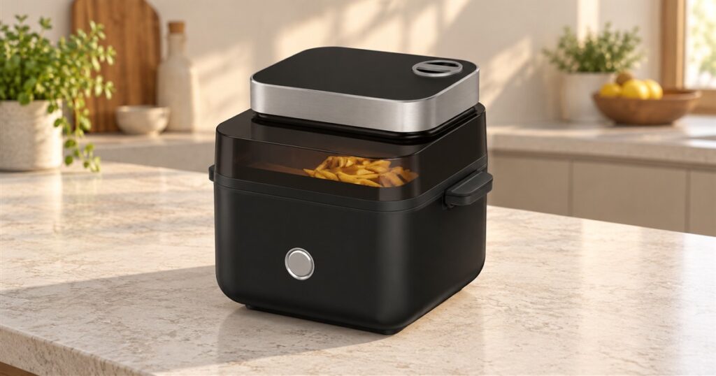 Editorial illustration of a black top-opening air fryer on a kitchen counter