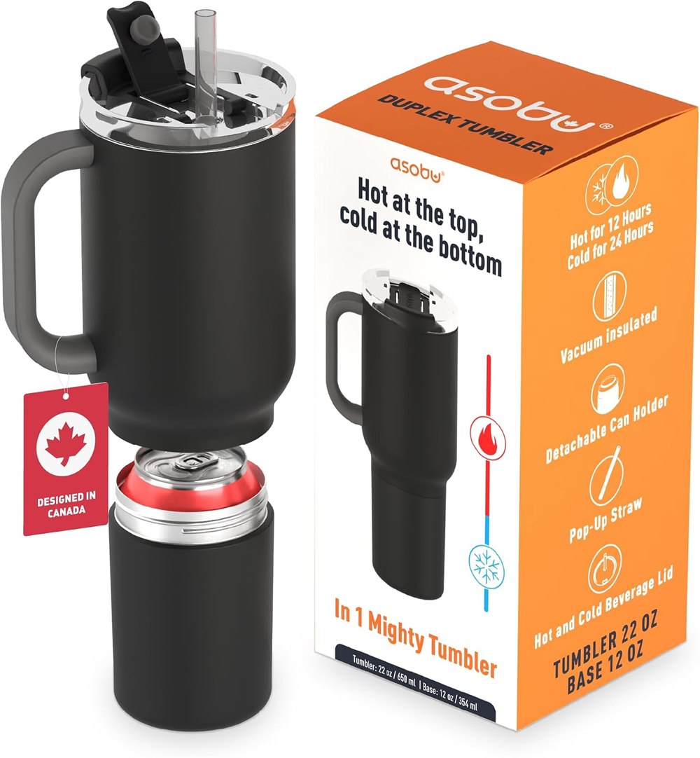 Black Duplex travel mug with can cooler detached and retail packaging