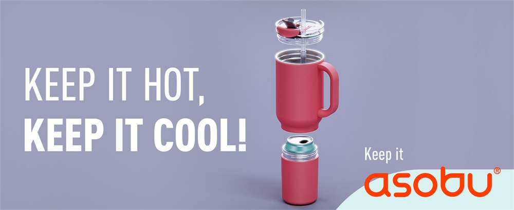 Red mug and can cooler shown separated with the clear lid above