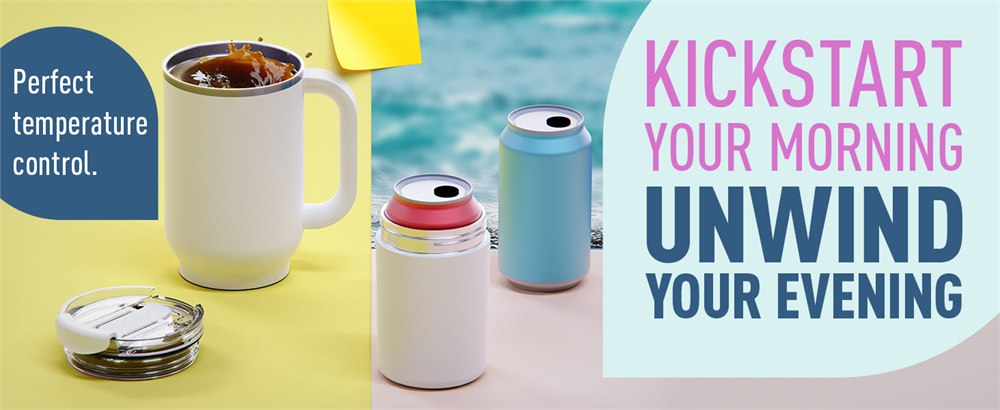 Separate mug and can cooler holding hot and cold beverages