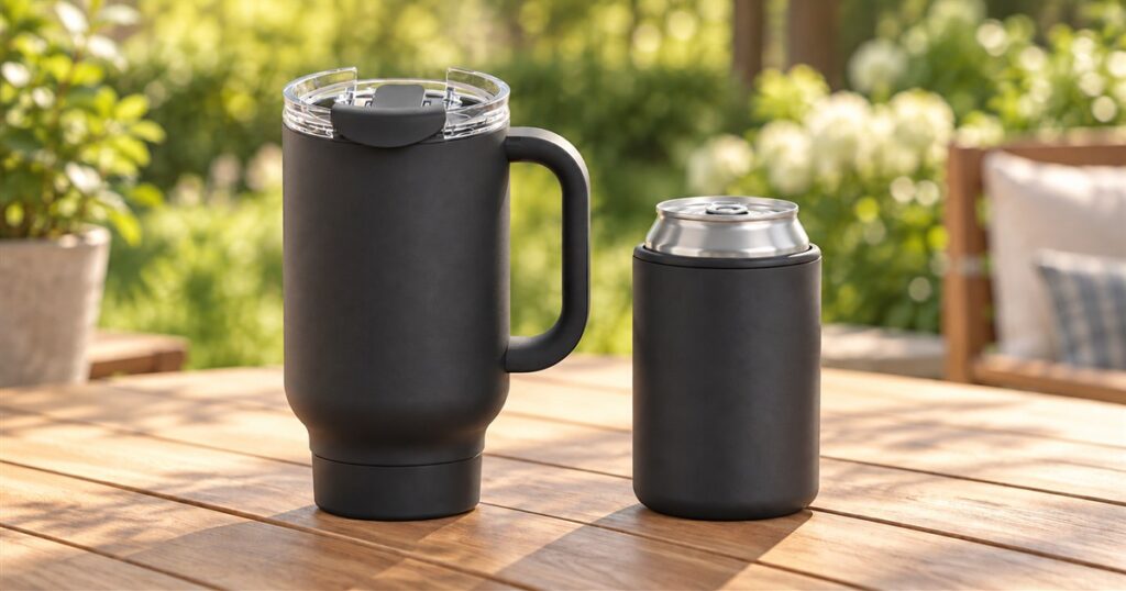 Black travel mug with detachable can cooler