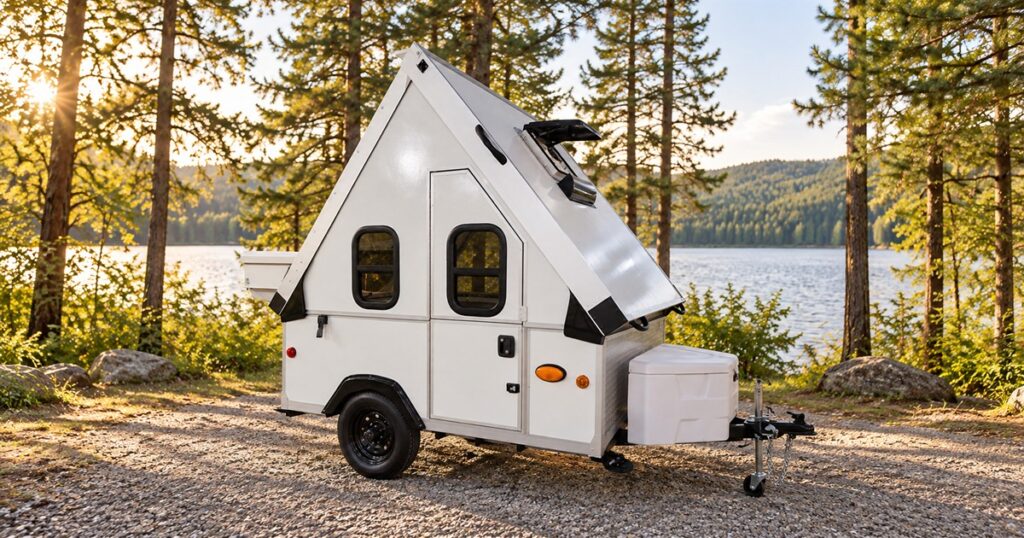 Ultralight A-frame camping trailer beside a wooded lake