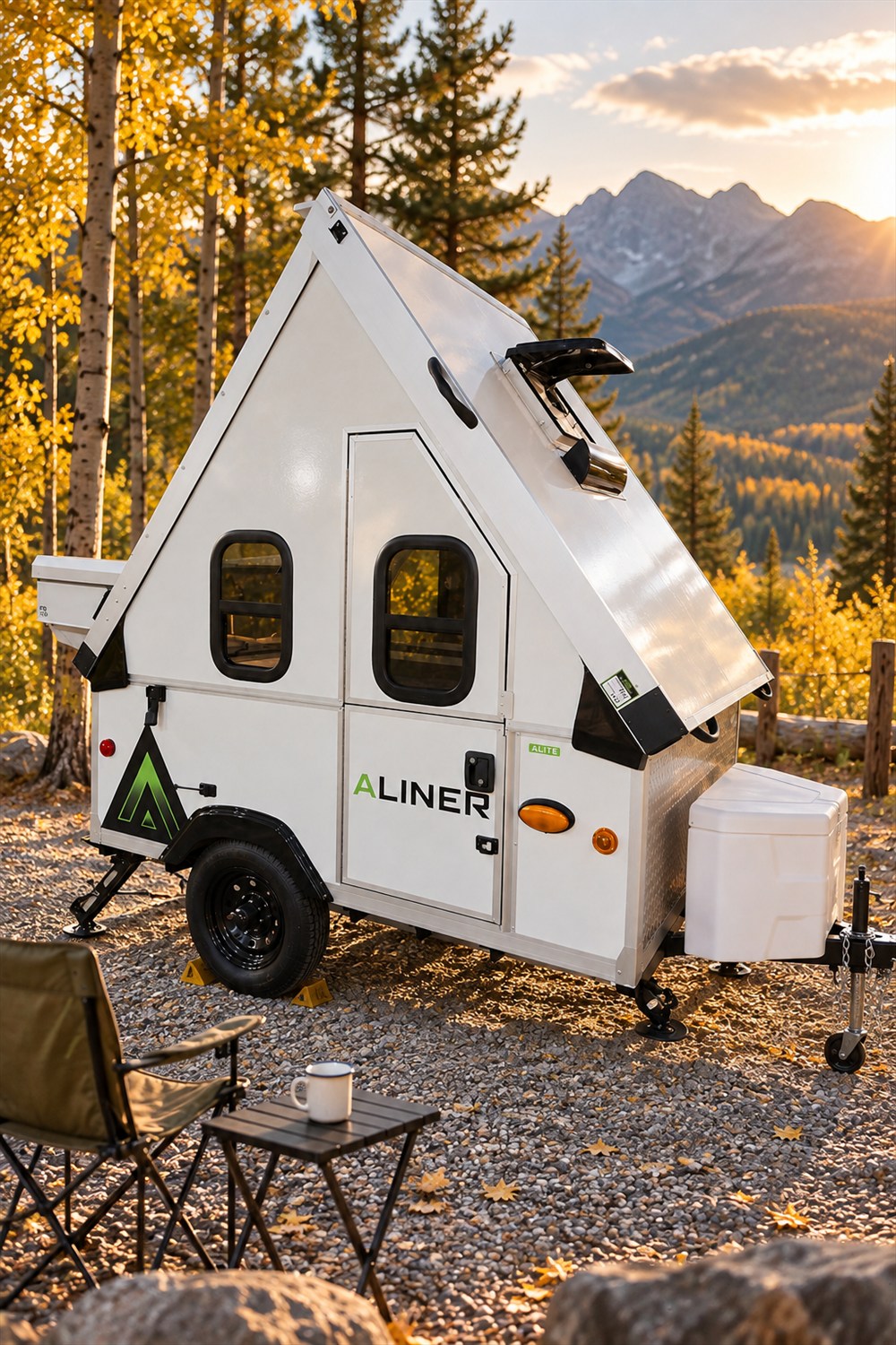 A white Aliner Alite A-frame camper sits beside a camp chair and mug at an autumn mountain campsite in golden-hour light.