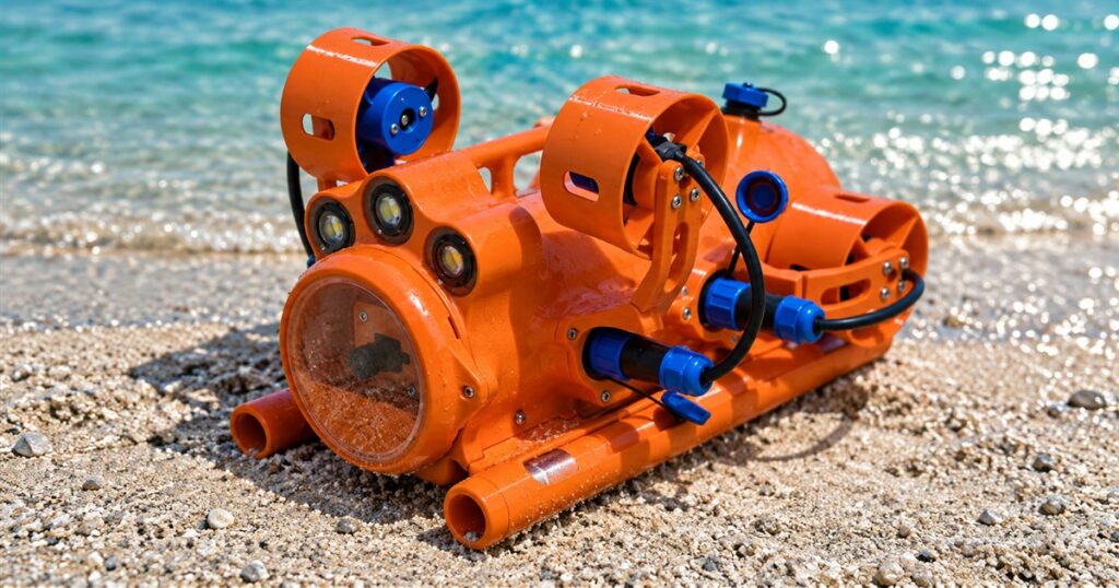 Orange underwater inspection drone beside clear turquoise water