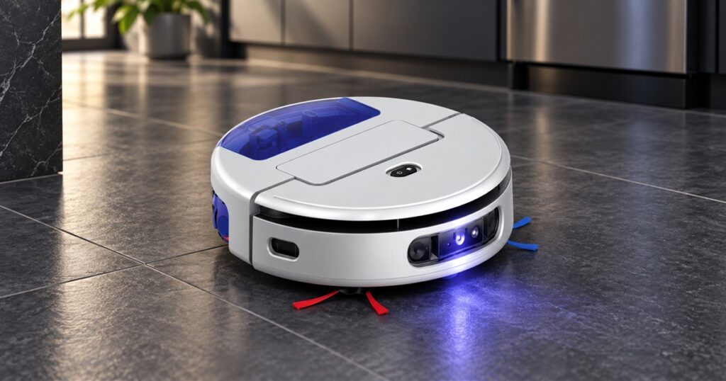 Dyson R3 Nurovi UV stain robot vacuum on a tile floor