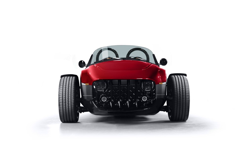 Vanderhall Santarosa GTS front view showing exposed wheels and open cockpit