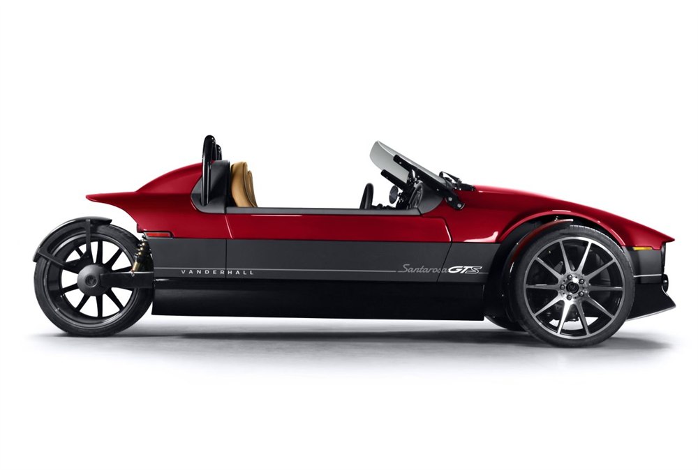 Vanderhall Santarosa GTS side profile with open cockpit and three-wheel layout