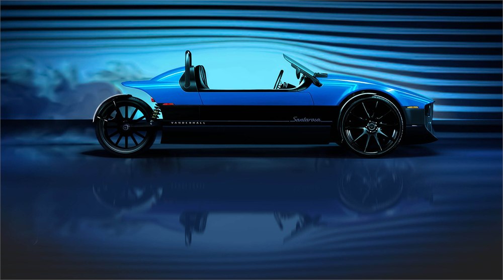 Vanderhall Santarosa Launch Edition blue electric autocycle side profile