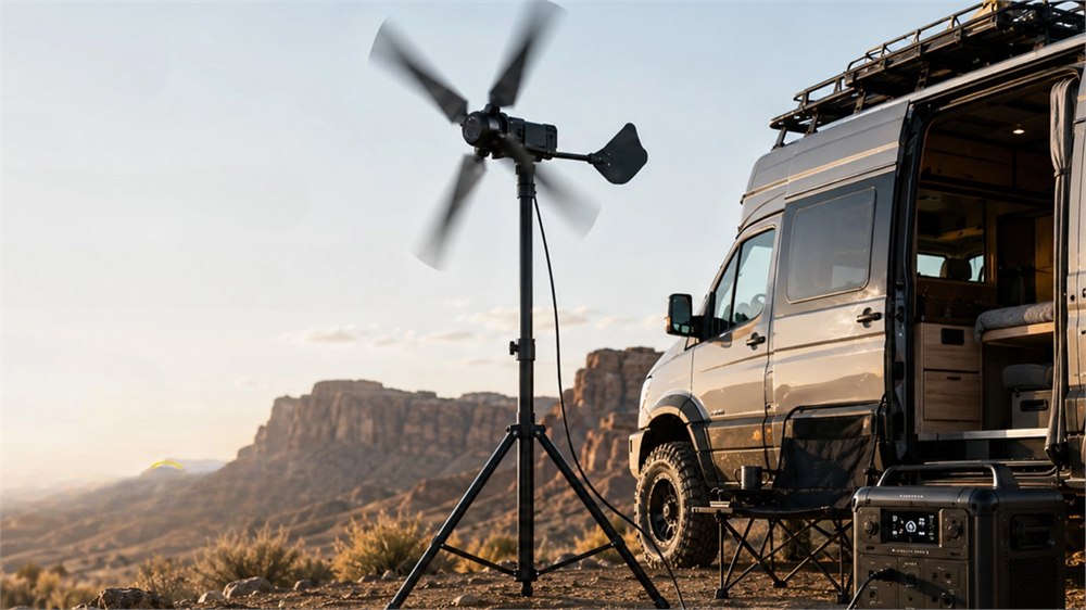 VENTYRA R1 portable wind turbine charging a power station at a campsite