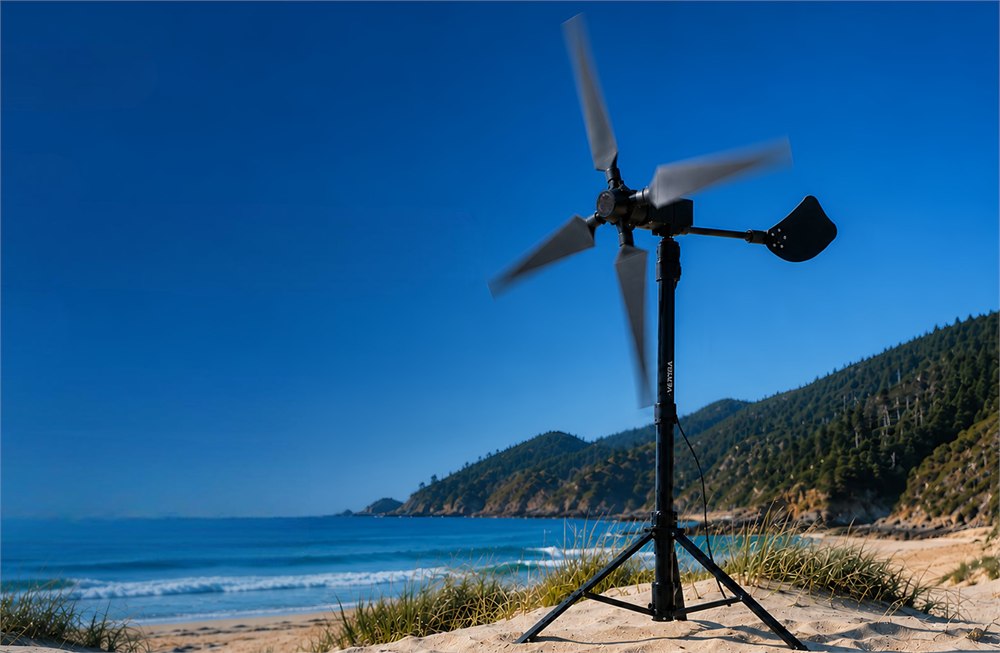 VENTYRA R1 turbine standing on a sandy shoreline
