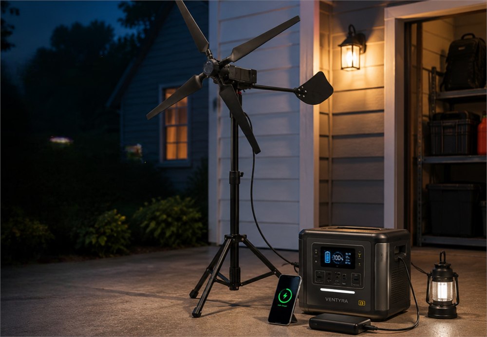 VENTYRA R1 wind turbine charging gear near a home during an outage