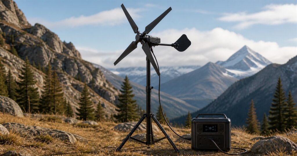 VENTYRA R1 portable wind turbine on a tripod charging a power station outdoors