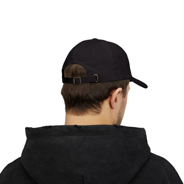Back view of the black Very Litigious hat worn with adjustable strap visible
