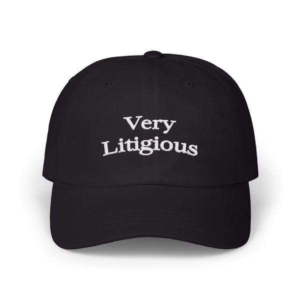 Black Very Litigious snapback hat with white embroidered front lettering