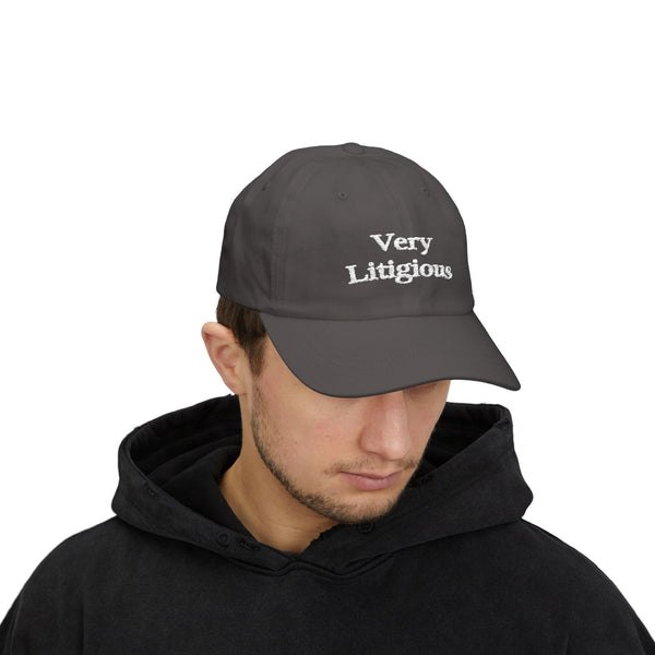Dark grey Very Litigious hat worn from a front angle